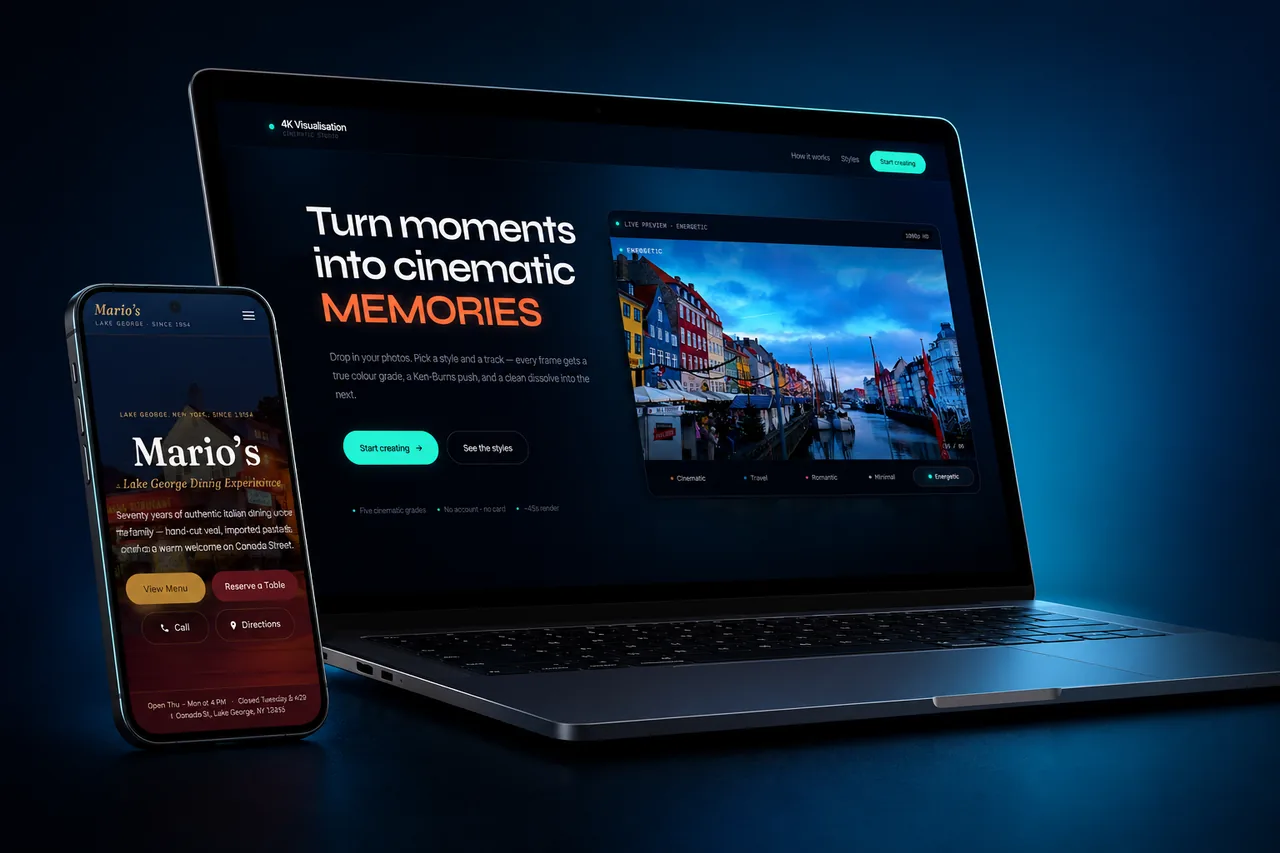 Portfolio preview: recent ReiTech client work shown on laptop and phone mockups