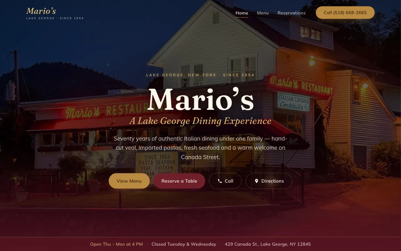 Mario's Lake George — live site screenshot